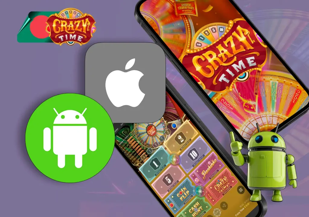 Screenshots of Crazy Time games with Android and iOS icons